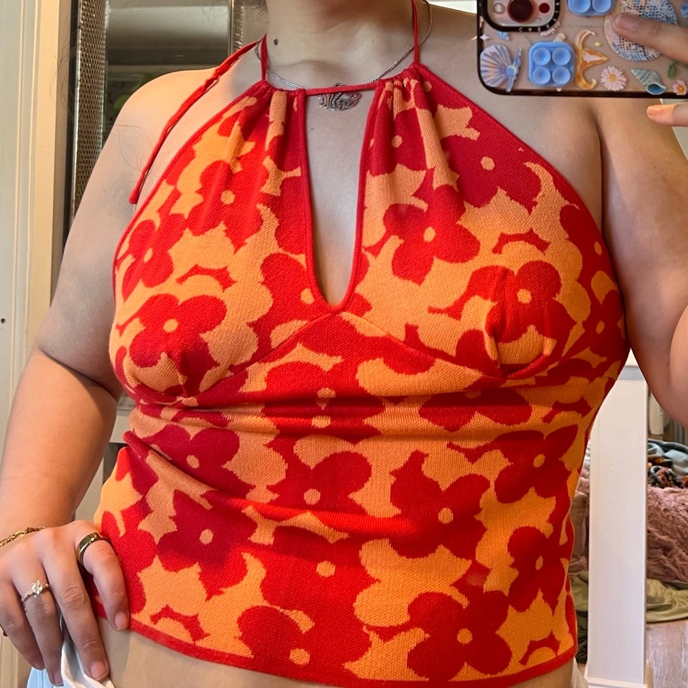 Red Orange Floral Halter Top Y2K Ruched XXL